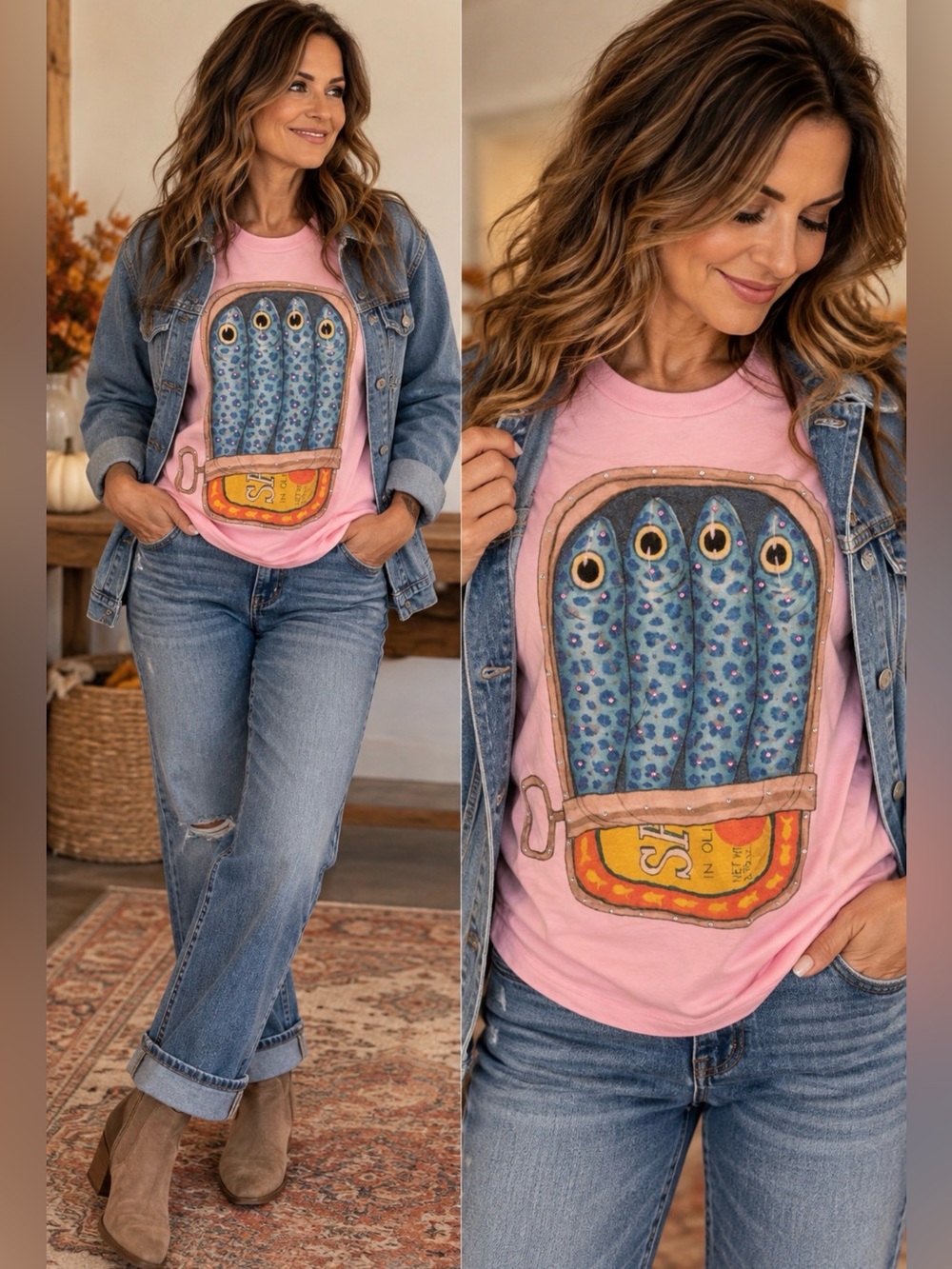 Trending Pink Sardine Graphic Tee with Rhinestones NWOT Sz S